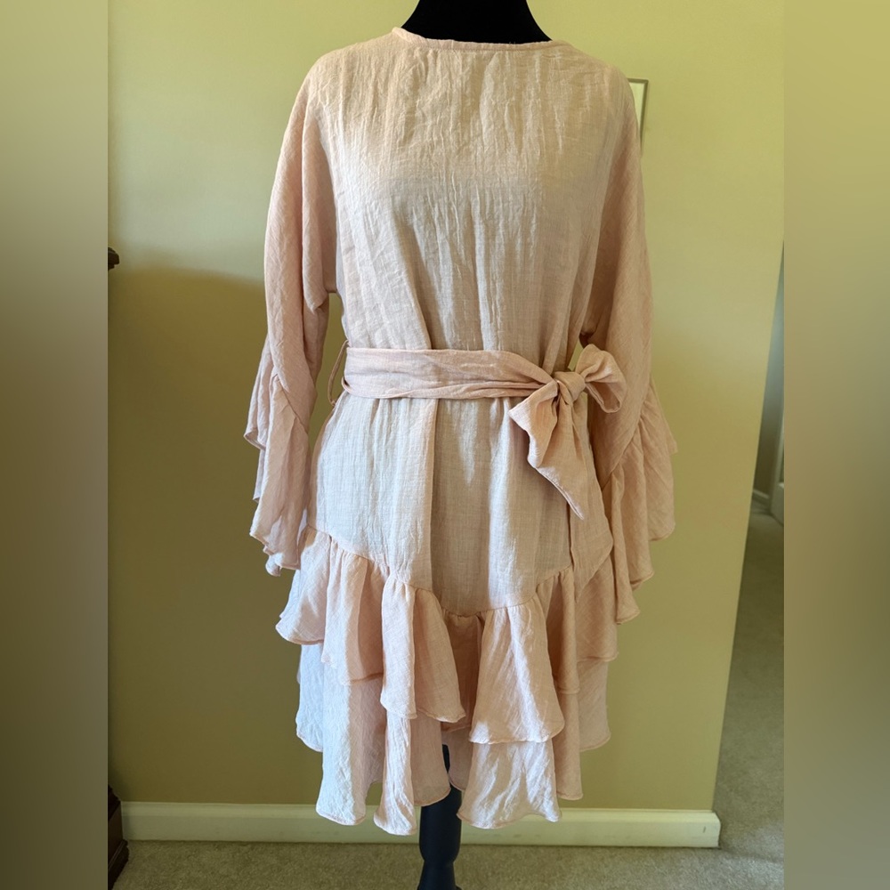 Elegant Indikah Long Sleeve Ruffle Dress in Soft Blush